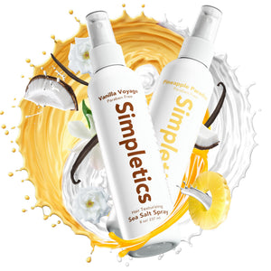 Two bottles of Simpletics hair texturizing sea salt spray with a colorful splash background.