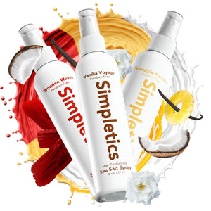 Three bottles of Simpletics hair texturizing sea salt spray with colorful abstract designs in the background.